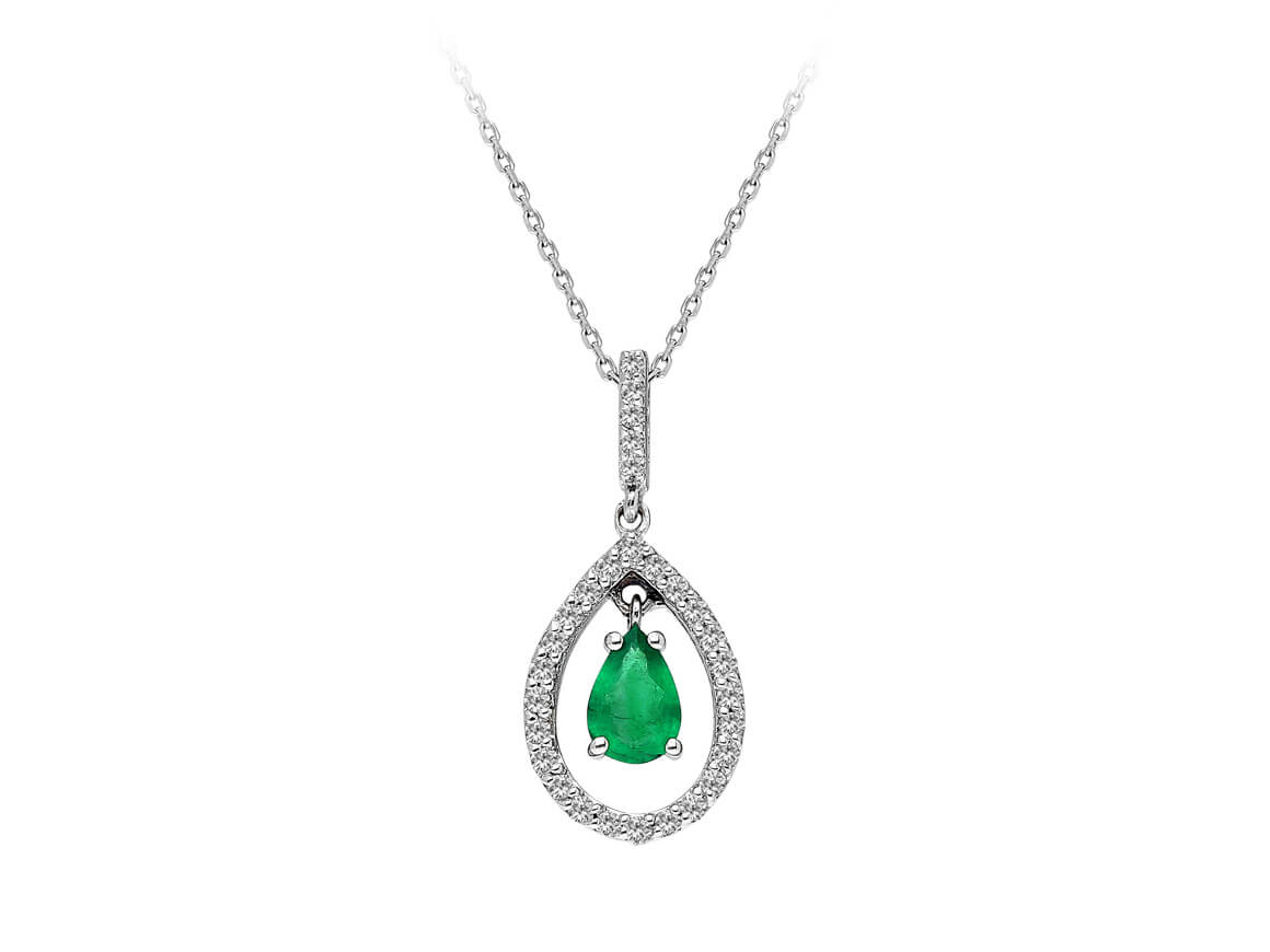 Collier avec émeraude (0,41 ct) en taille poire et diamants en or blanc 8K