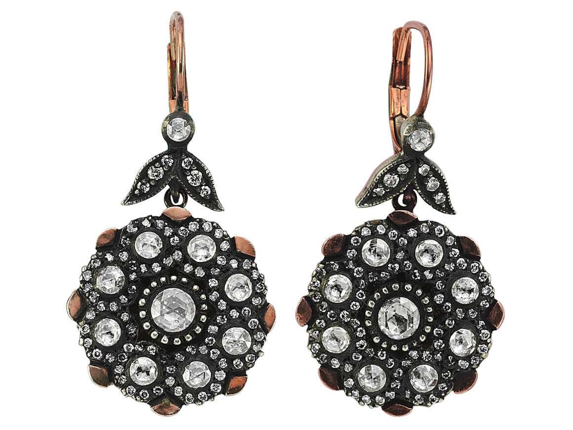 Antique flower earrings with old-cut diamonds & brilliant-cut diamonds in 333 rose gold