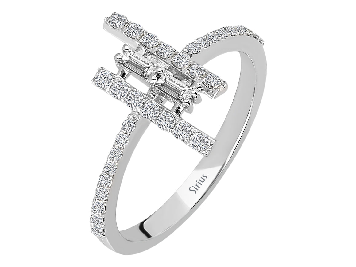 Bague moderne en diamant avec taille baguette et ronde en or 14 carats