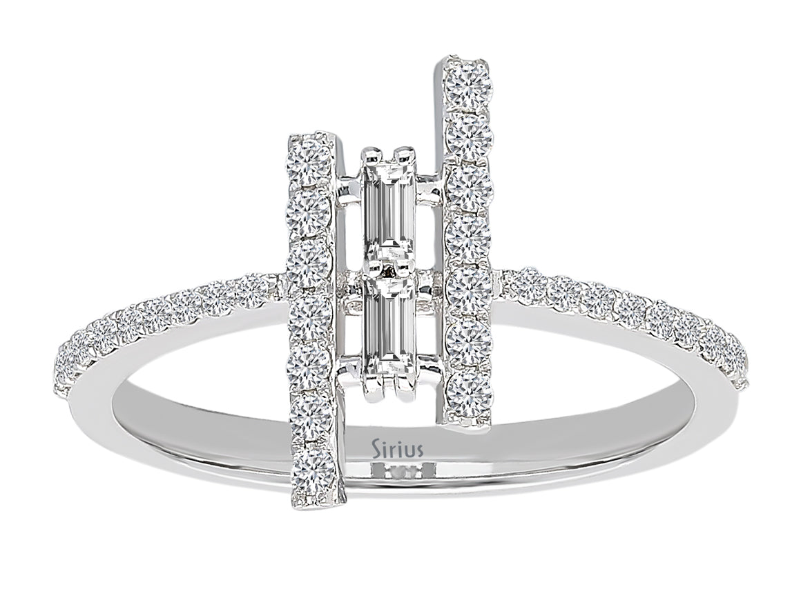 Bague moderne en diamant avec taille baguette et ronde en or 14 carats