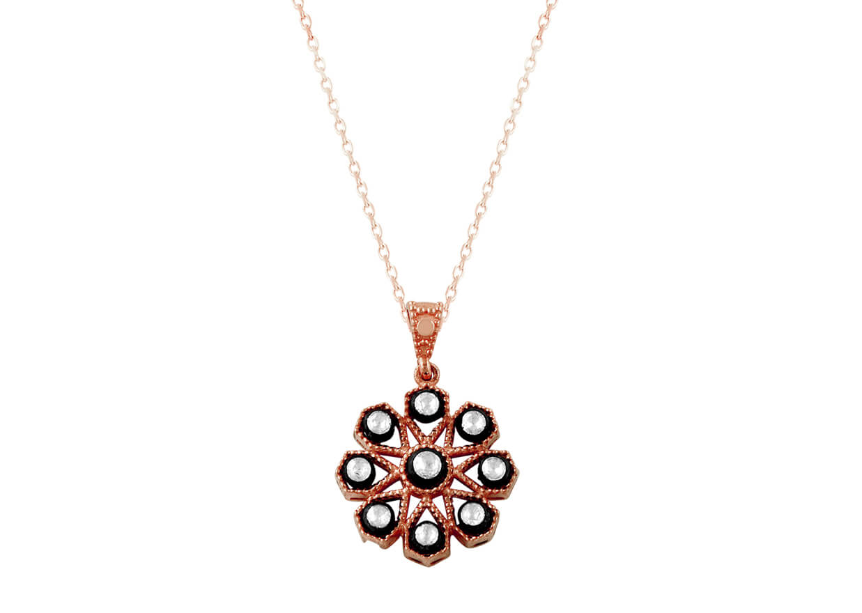 Flower-shaped pendant with 9 natural old-cut diamonds in 8K rose gold