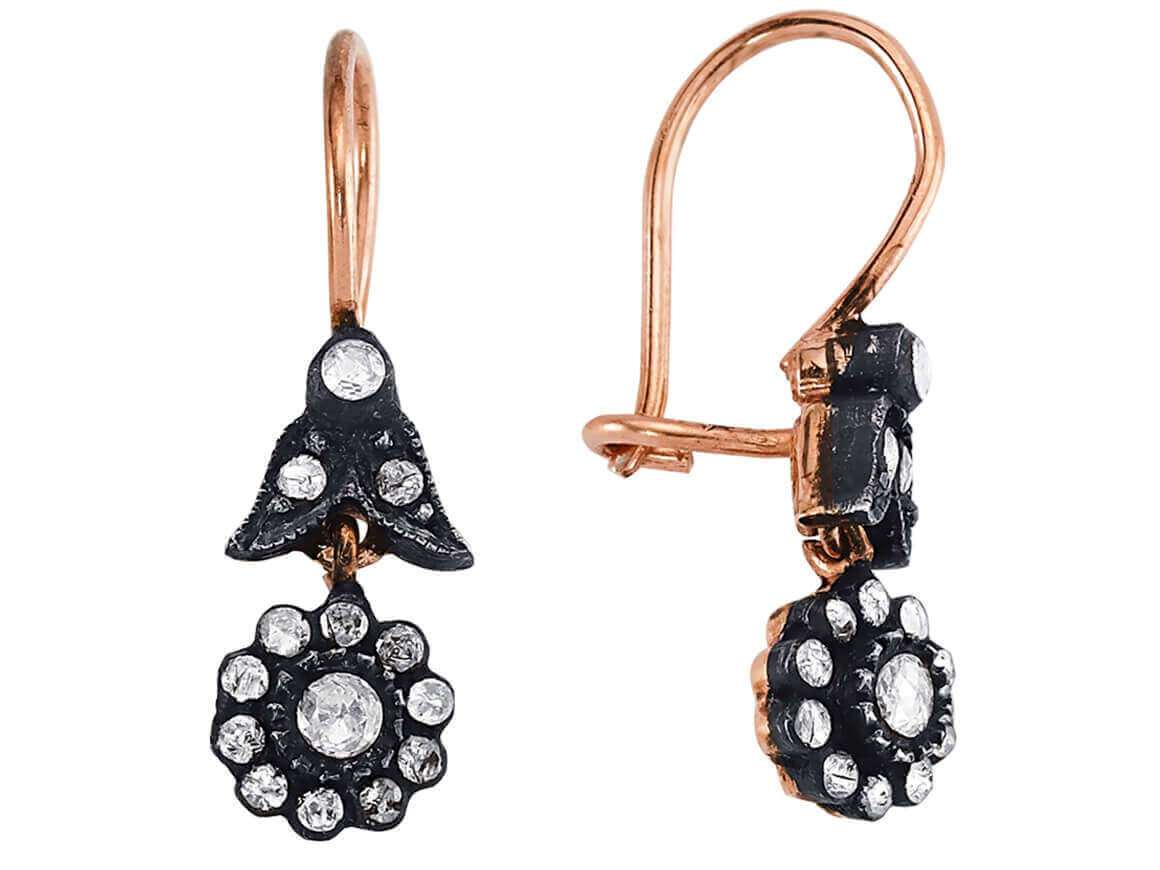 Small diamond blossom earrings in antique style made of 333 rose gold