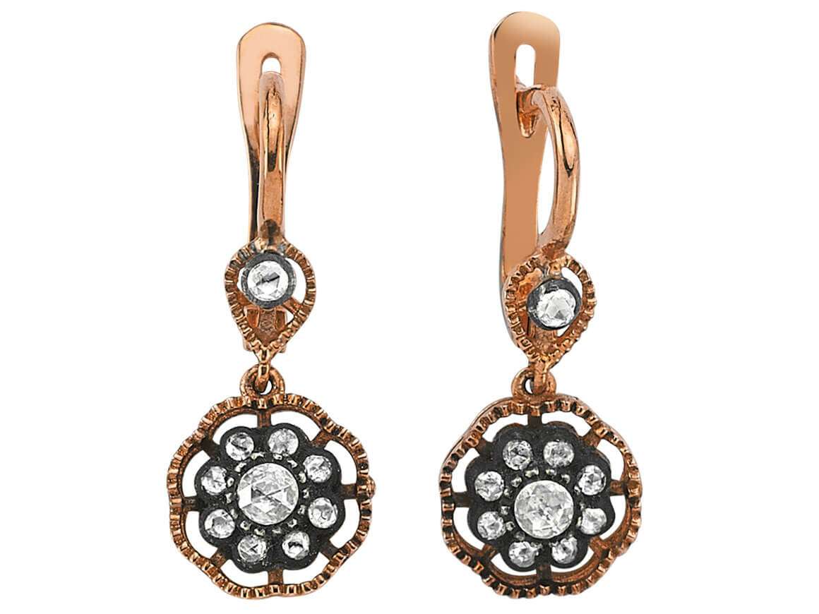Antique drop earrings with old cut diamonds in floral style made of 333 rose gold