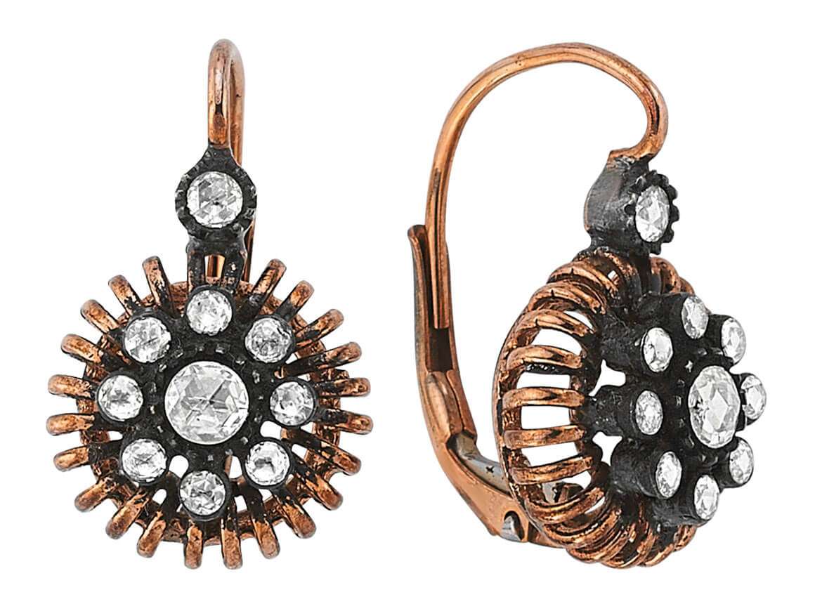 Antique drop earrings with old cut diamonds in sunray design made of 333 rose gold
