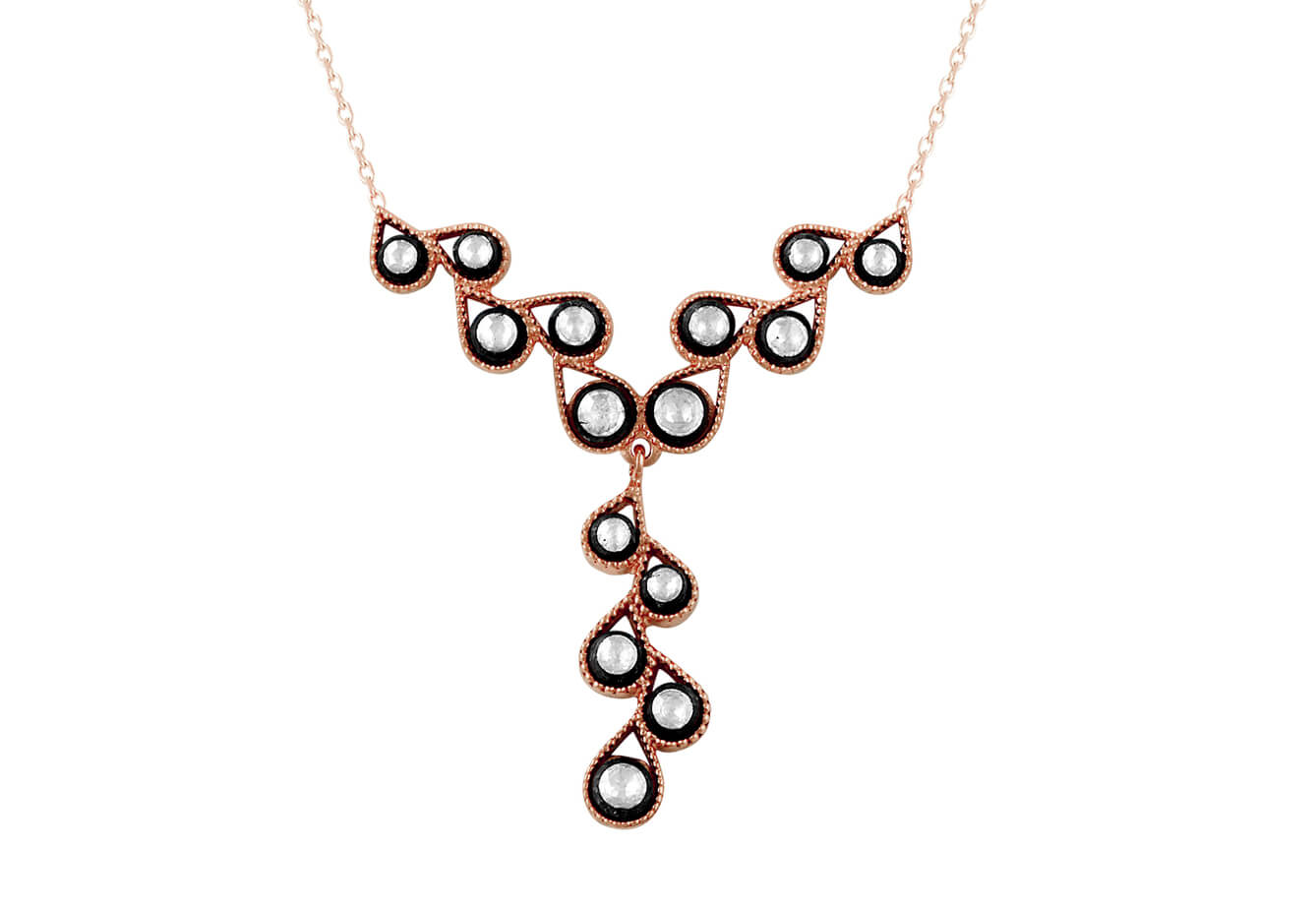 Collier V à pendants avec 15 diamants taille ancienne - Bijoux en Or Rose 8 carats - bijoux haut de gamme de Rosy Lab Diamonds