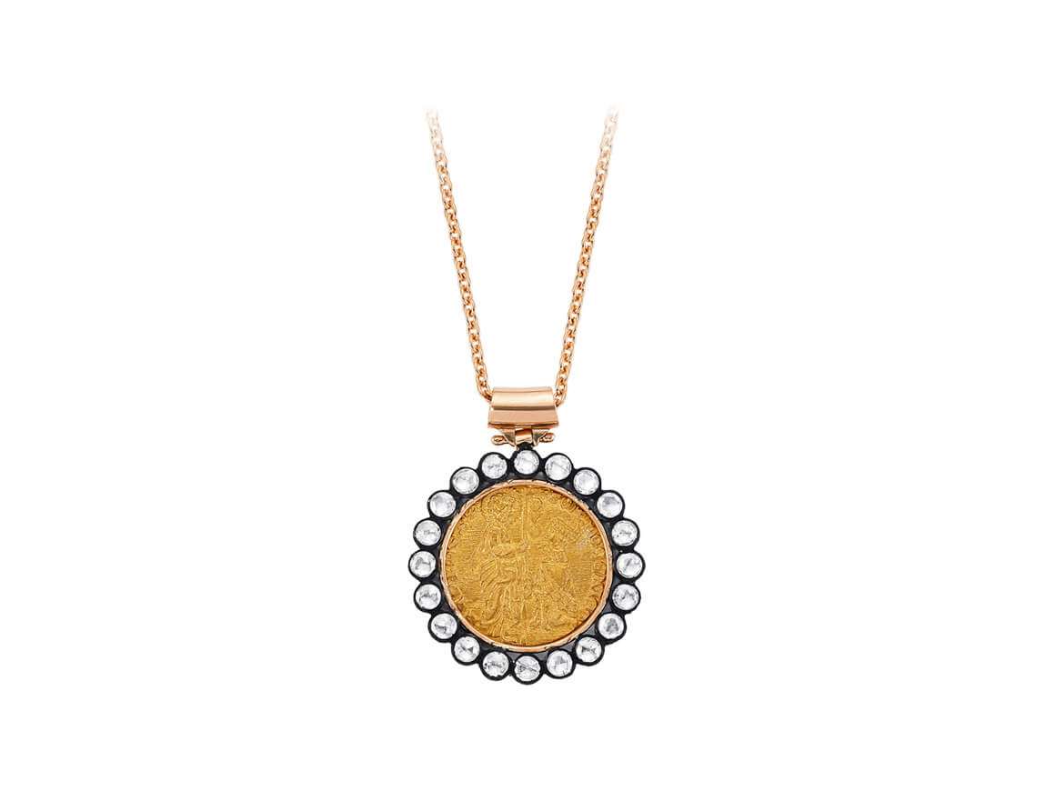 Rose gold pendant with Byzantine coin & 20 lab diamonds – 82P0013