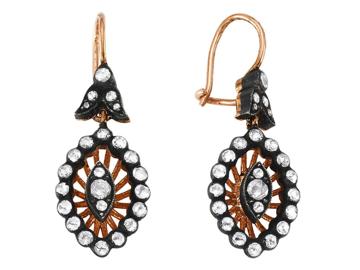 Oriental eye-earrings with old cut diamond in 333 rose gold
