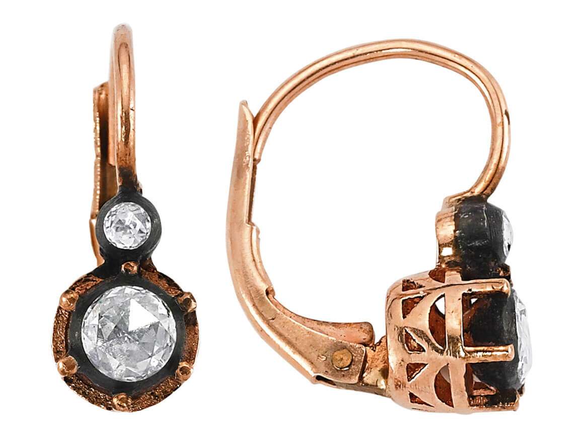 Zweistein-Elmas-Ohrhänger im Vintage-Stil mit Altschliff-Diamanten in 333er Roségold