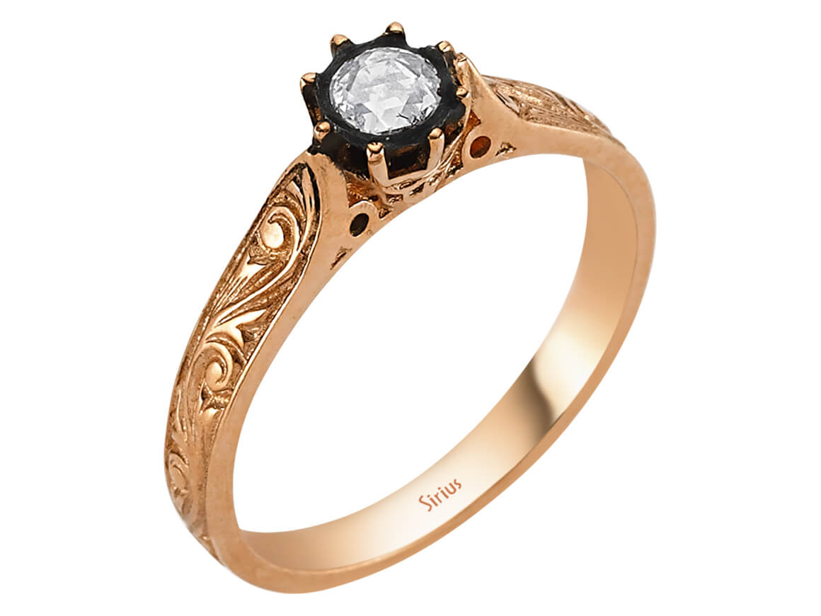 Rose Altın Elmaslı Tektaş Yüzük (0,13 ct) Gravürlü | 8K Antik Stil - Rosy Lab Diamonds’tan kaliteli Mücevher