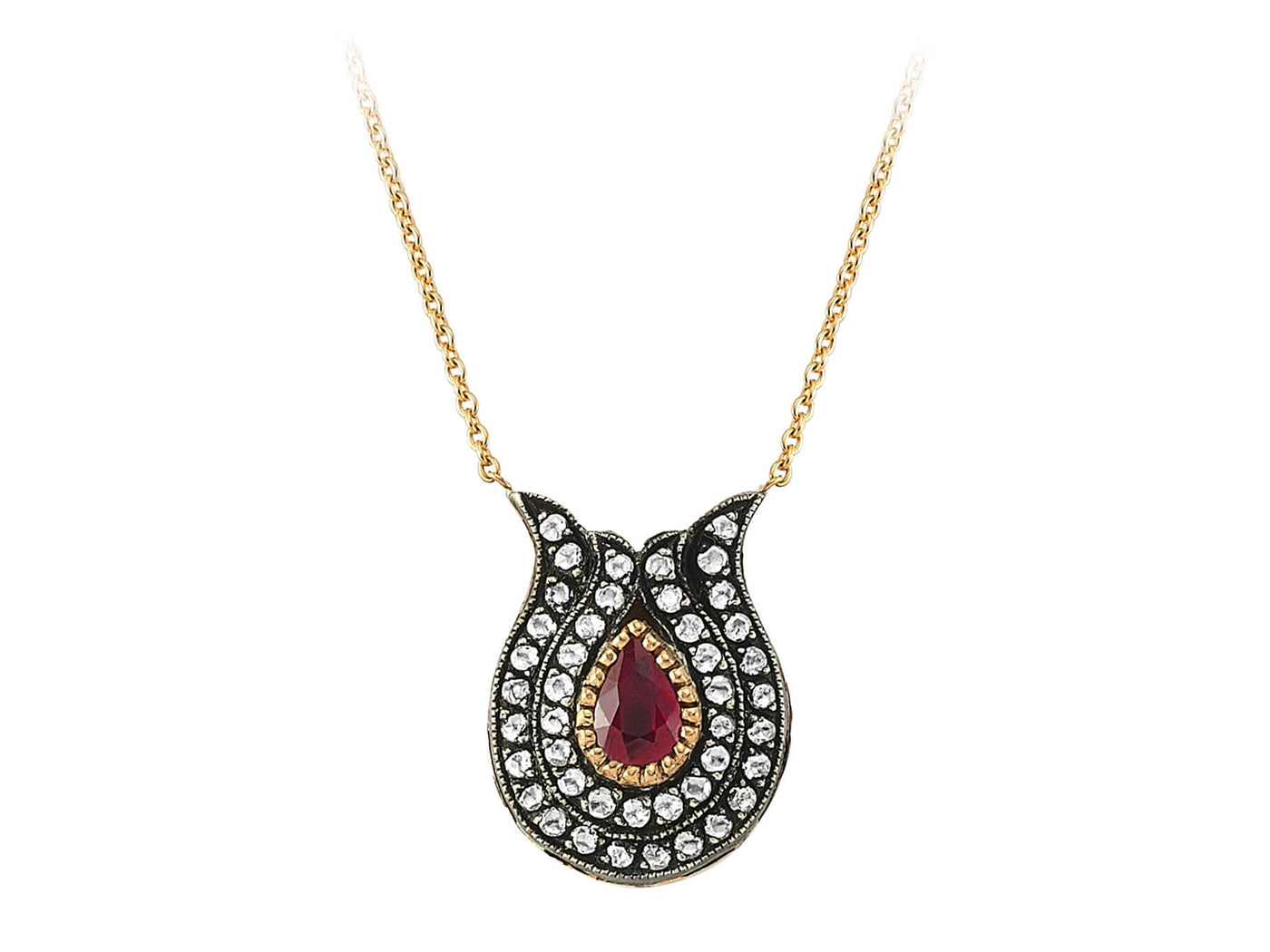 Tulpenanhänger mit Diamanten und Rubin in Tropfenform – 8K Gold