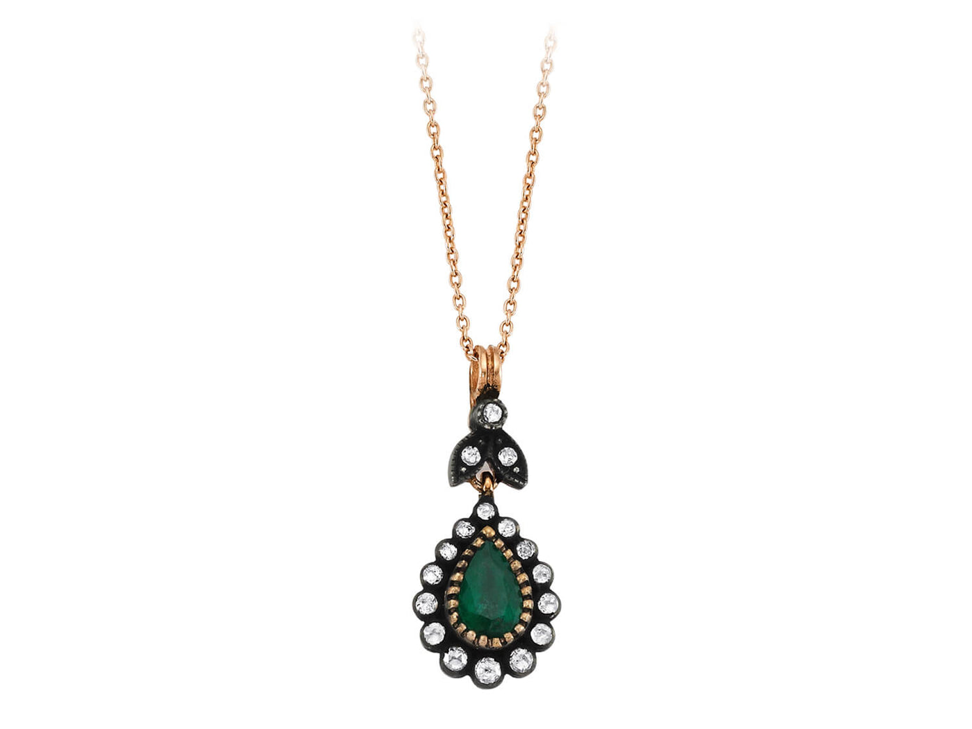 Rose gold pendant with teardrop-shaped emerald & lab diamonds – 82P0014