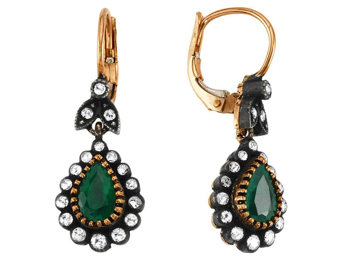 Boucles Pendantes anciennes avec émeraudes et Elmas en Or Rose 8K - Bijoux haut de gamme de Rosy Lab Diamonds