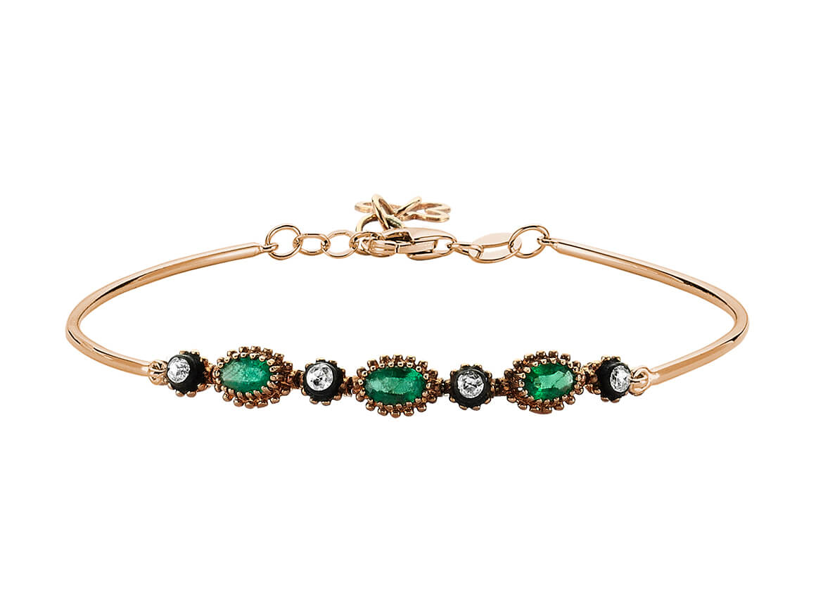 Vintage Armspange mit 3 Smaragden und 4 Diamanten in 8K Roségold – 0,65 ct
