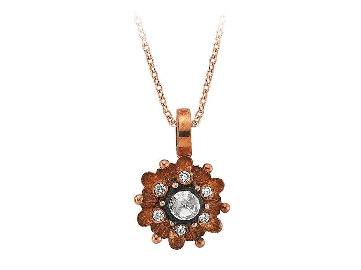 Flower-shaped pendant with diamond and lab-grown brilliant-cut diamonds in 8K rose gold