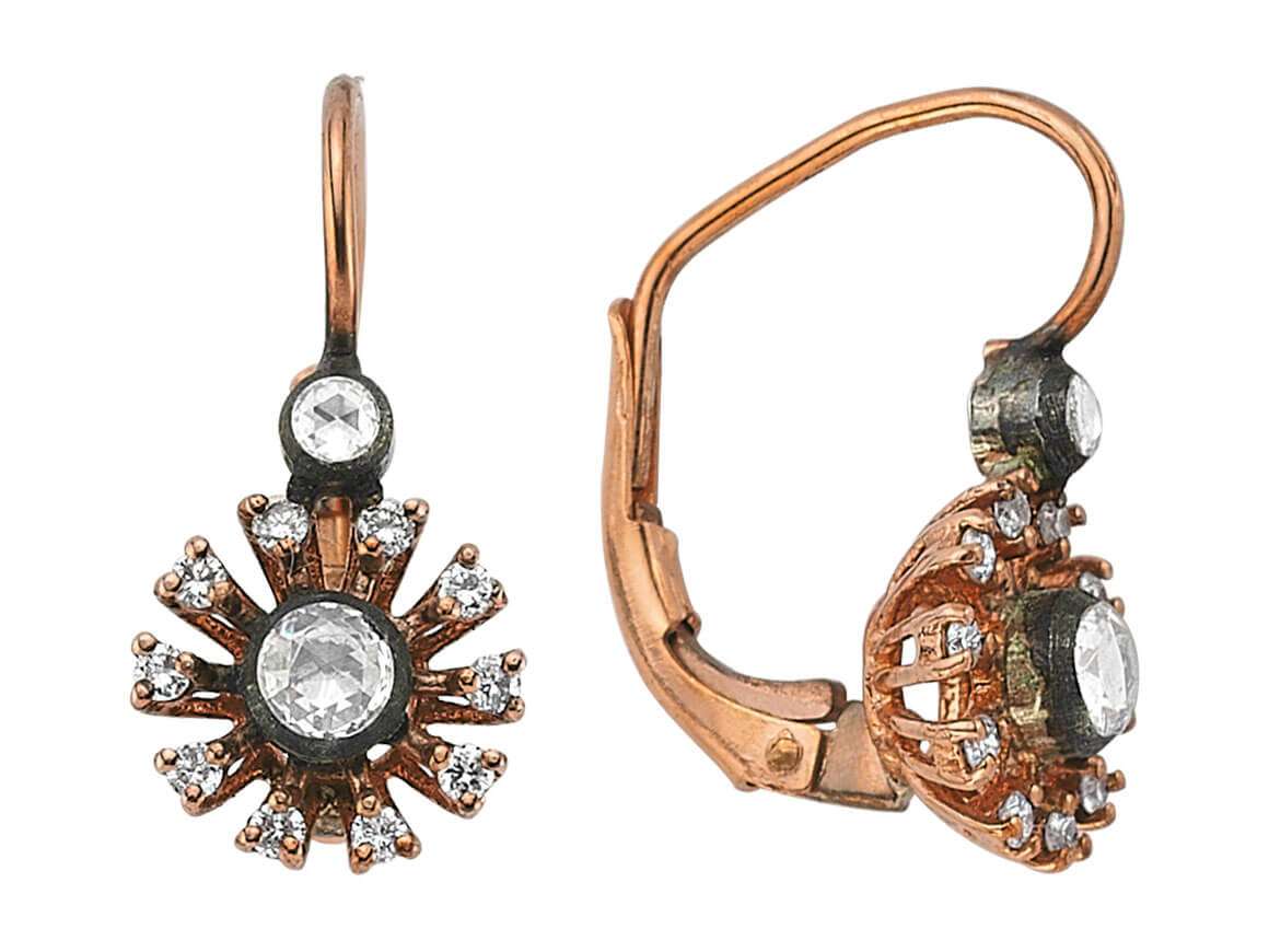 Boucles Pendantes anciennes avec diamants taille ancienne et diamants brillants en Or Rose 333 - Bijoux haut de gamme de Rosy Lab Diamonds