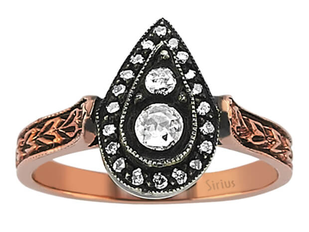 Bague en Or Rose en forme de goutte, Elmas & 20 diamants – style antique – 80R0004 – Bijoux haut de gamme de Rosy Lab Diamonds