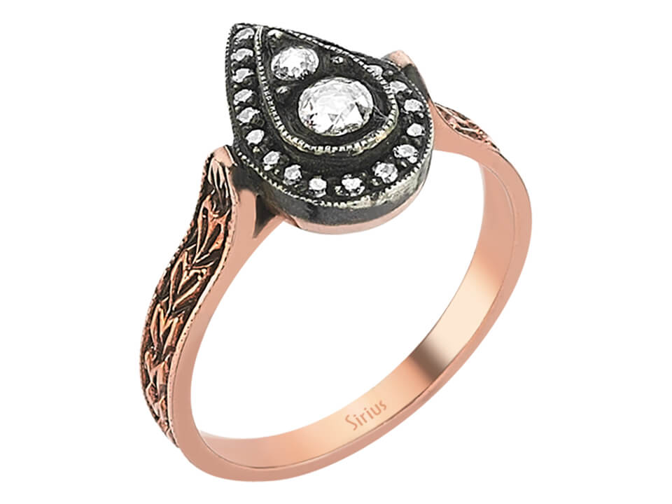 Bague en Or Rose en forme de goutte, Elmas & 20 diamants – style antique – 80R0004 – Bijoux haut de gamme de Rosy Lab Diamonds