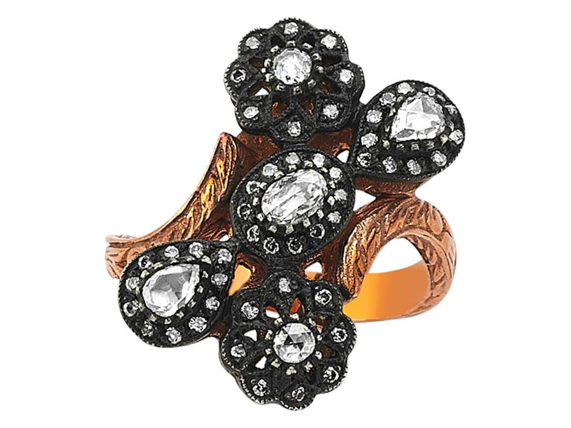 Bague en Or Rose avec Elmas & 50 diamants - motif floral - 80R0015 - Bijoux haut de gamme de Rosy Lab Diamonds