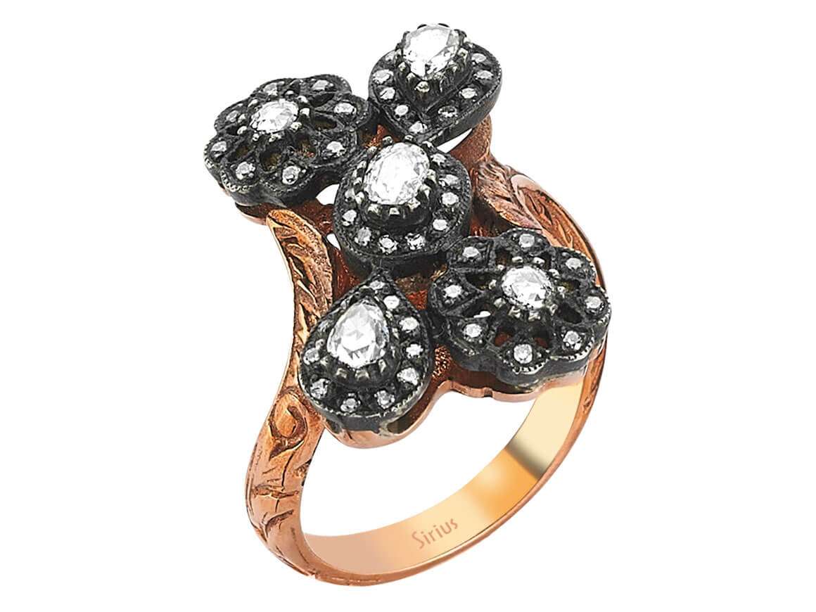 Bague en Or Rose avec Elmas & 50 diamants - motif floral - 80R0015 - Bijoux haut de gamme de Rosy Lab Diamonds