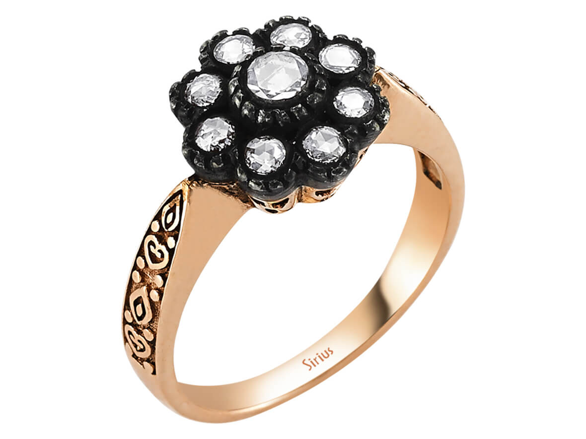Floraler Roségold-Ring mit 9 Labordiamanten | 8K Antik-Look - hochwertiger Schmuck von Rosy Lab Diamonds