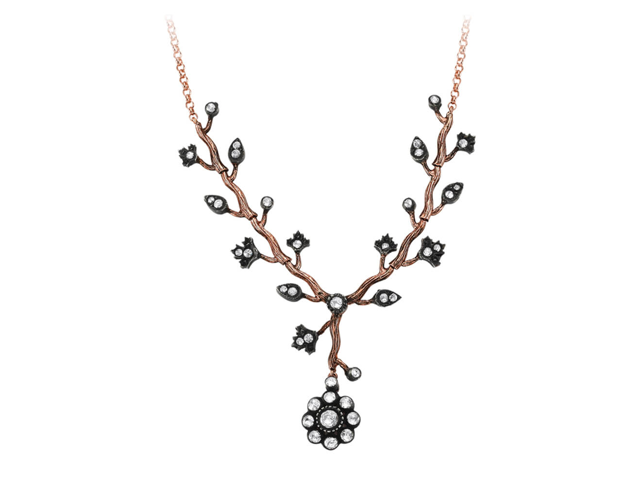 Rose gold necklace in olive branch design with 38 lab diamonds – 82P0006