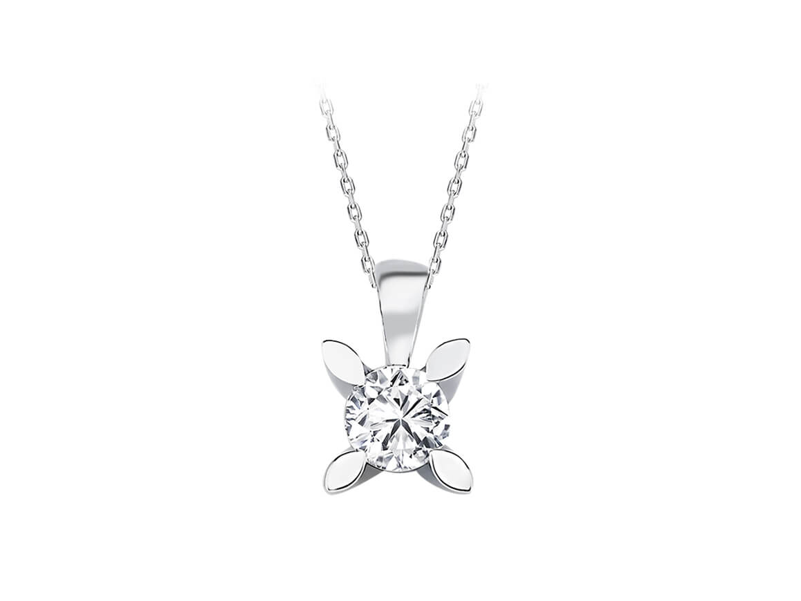 Solitaire diamond necklace with leaf setting in 14K white gold – 0.18 carat