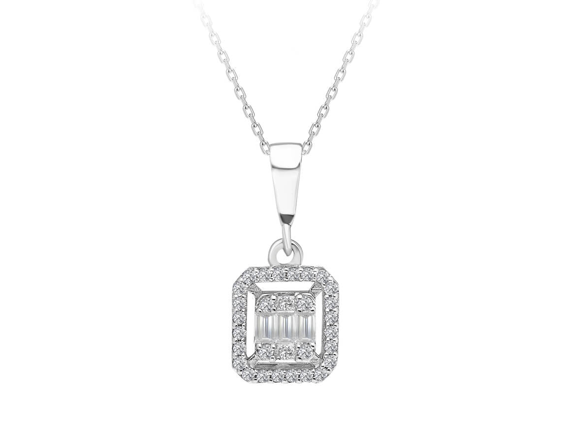 Square pendant with 3 baguette and 30 brilliant diamonds in 14K white gold – 41P0009