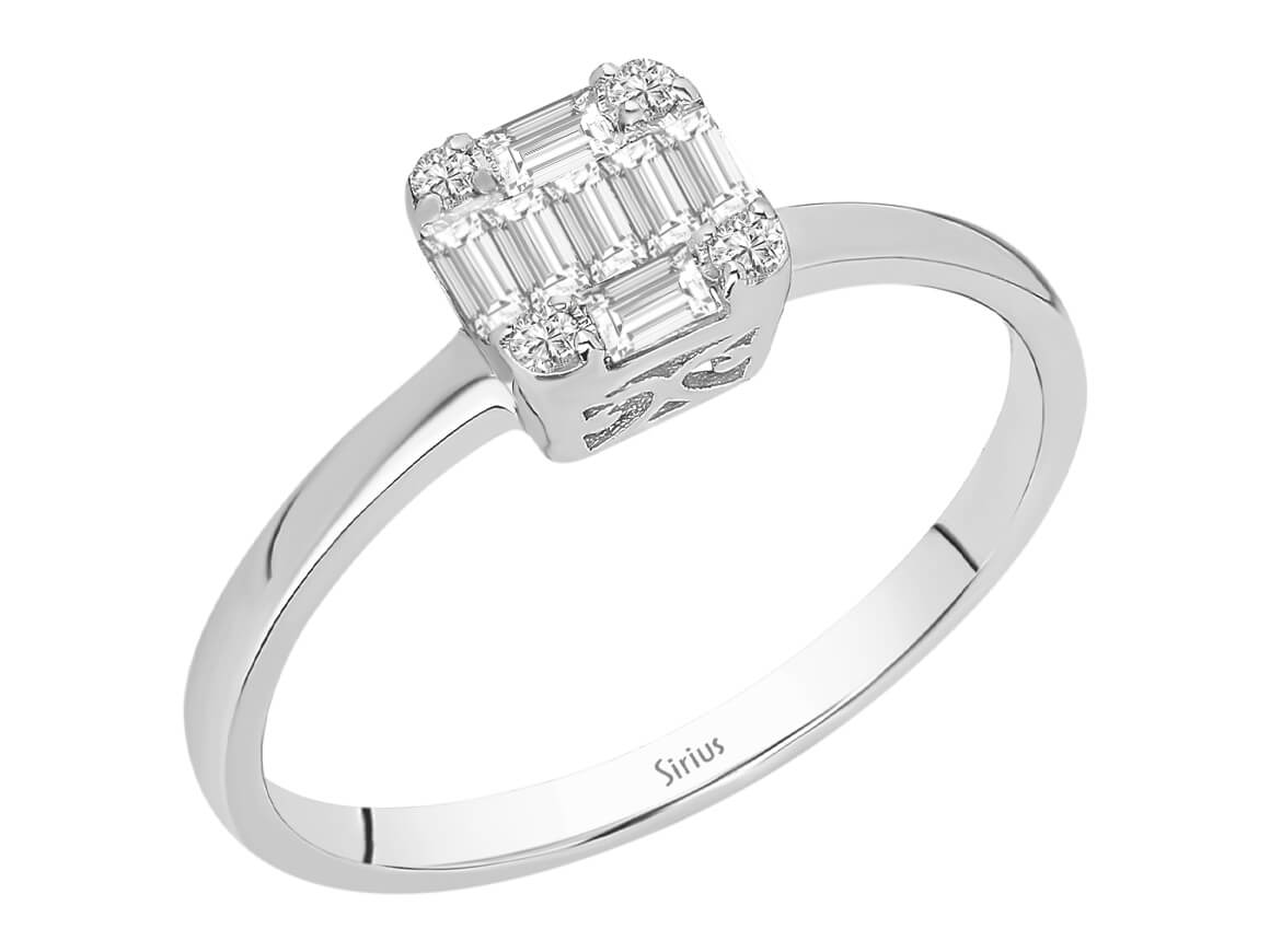 Baguette ve Yuvarlak Kesim laboratuvarda yetiştirilmiş pırlantalara sahip şık yüzük | 14 ayar Beyaz Altın - Rosy Lab Diamonds’tan kaliteli Mücevher