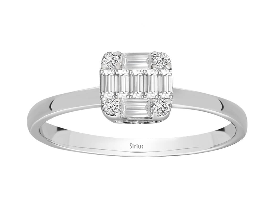 Baguette ve Yuvarlak Kesim laboratuvarda yetiştirilmiş pırlantalara sahip şık yüzük | 14 ayar Beyaz Altın - Rosy Lab Diamonds’tan kaliteli Mücevher