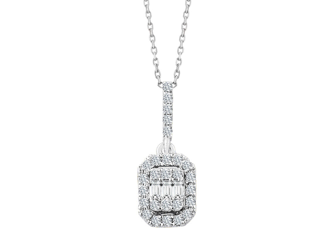 Collier classique avec diamants baguette et ronds en or 14K