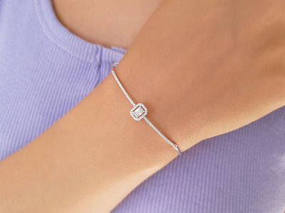 Fine bangle bracelet with 3 baguette & 60 round lab-grown diamonds in 8K white gold