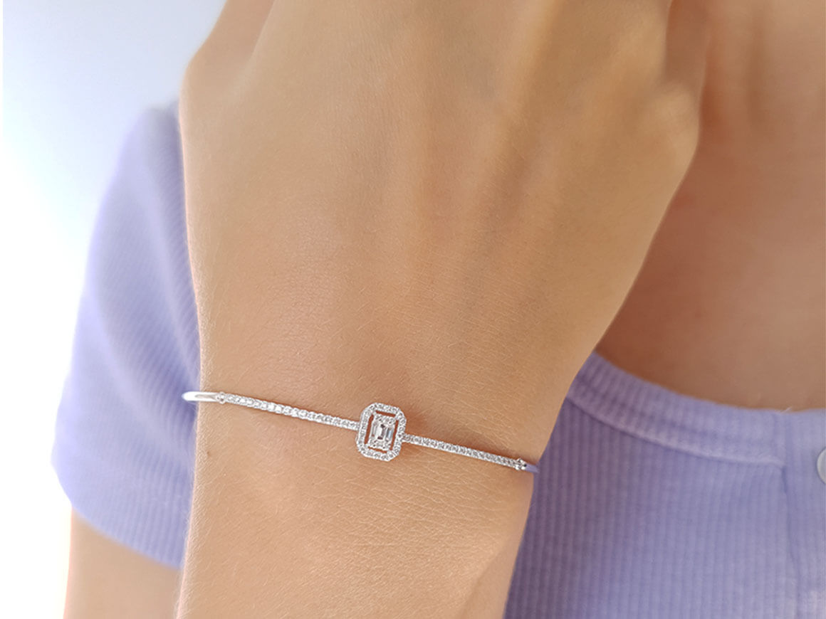 Fine bangle bracelet with 3 baguette & 60 round lab-grown diamonds in 8K white gold