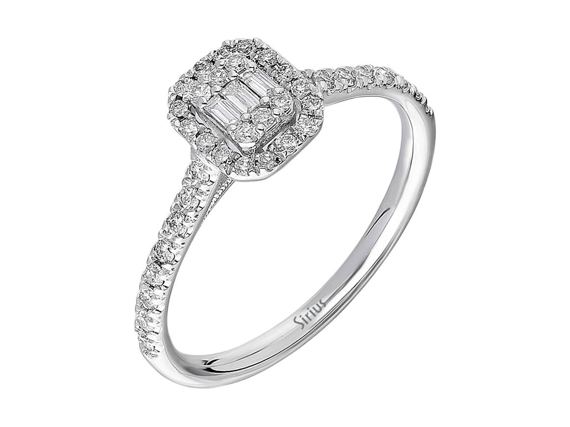Bague baguette fine en diamant avec sertissage pavé en or blanc 8K