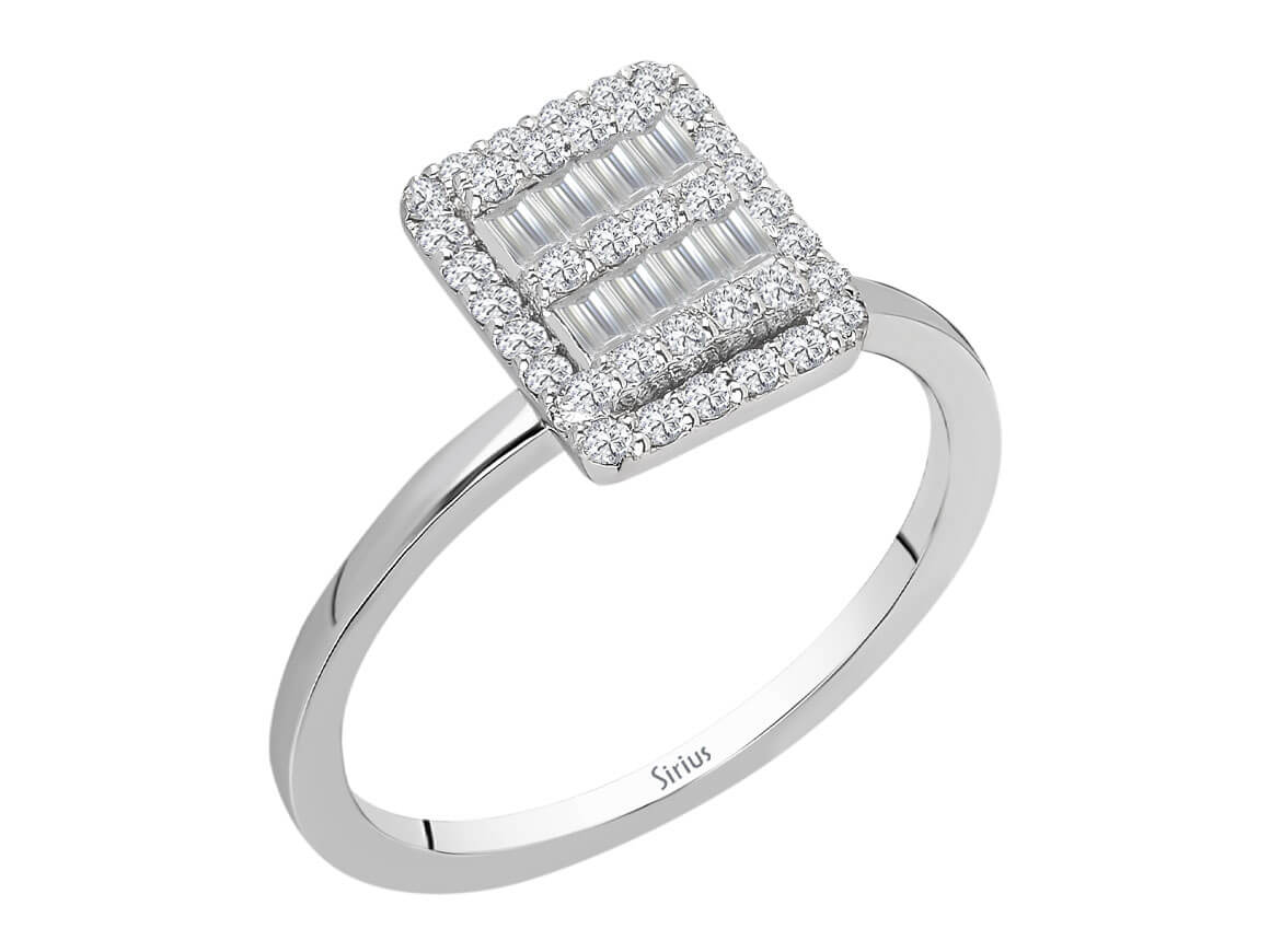 Stylish ring with lab-grown diamonds in baguette and Round Brilliant Cut | 14K White Gold - high-quality Jewelry by Rosy Lab Diamonds
