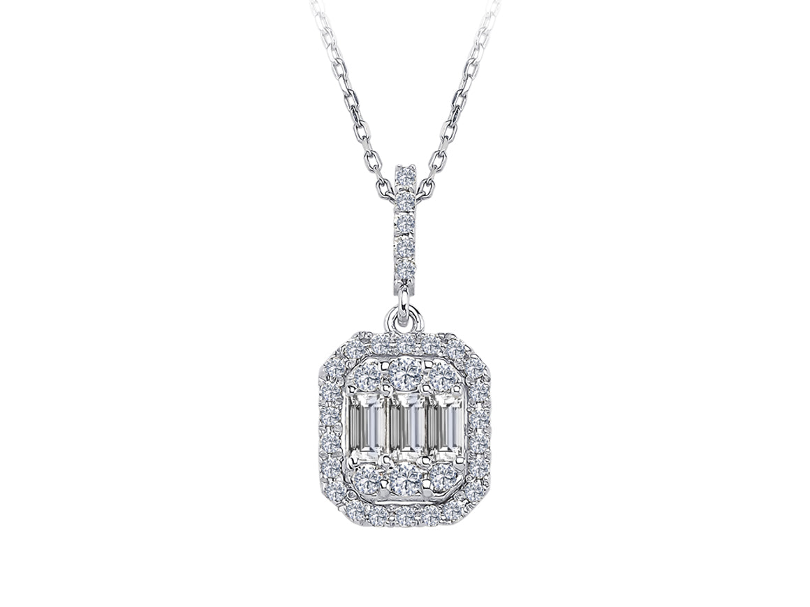 Shiny pendant with baguette and round cut lab diamonds in 14K white gold