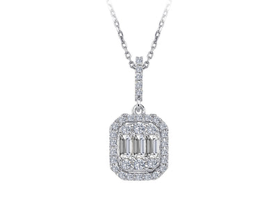 Shiny pendant with baguette and round cut lab diamonds in 14K white gold