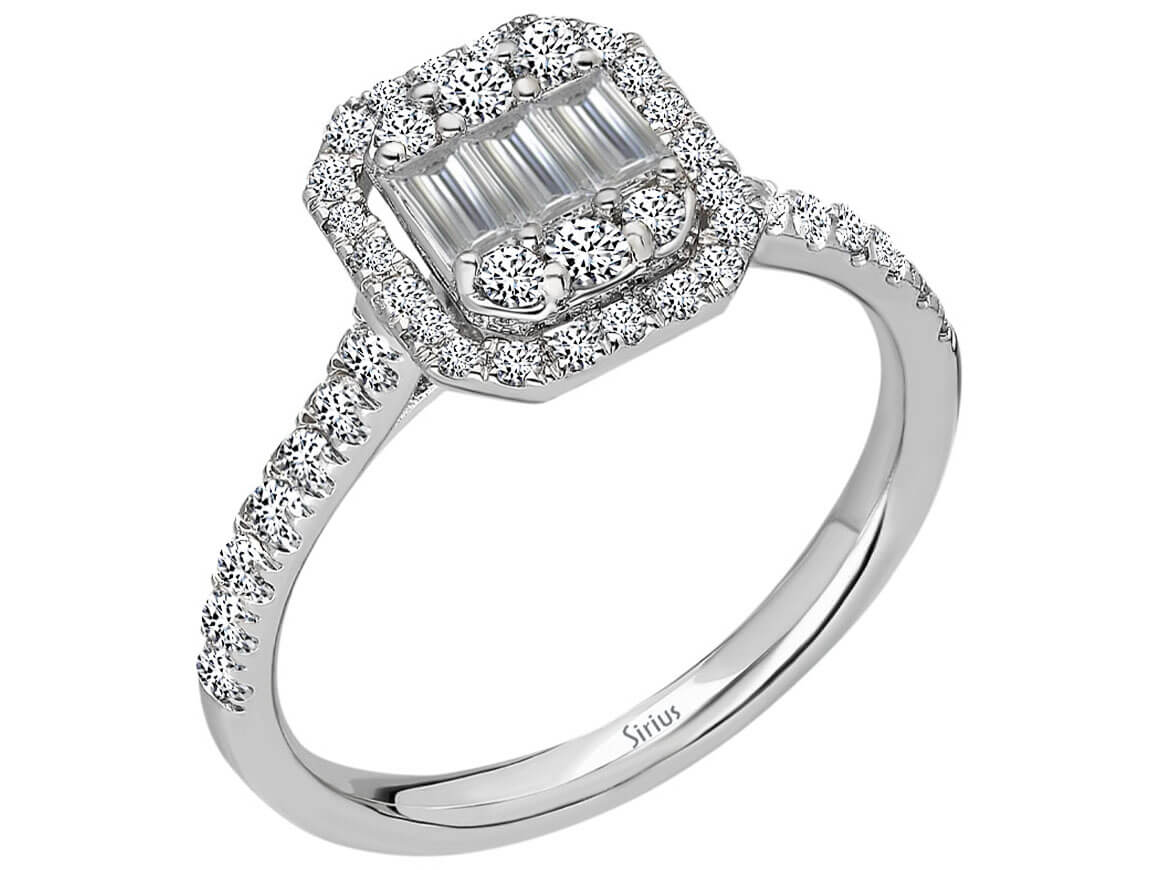 Bague somptueuse ornée de diamants de laboratoire taille baguette et Taille Brillant Rond | Or Blanc 14 carats - Bijoux haut de gamme de Rosy Lab Diamonds