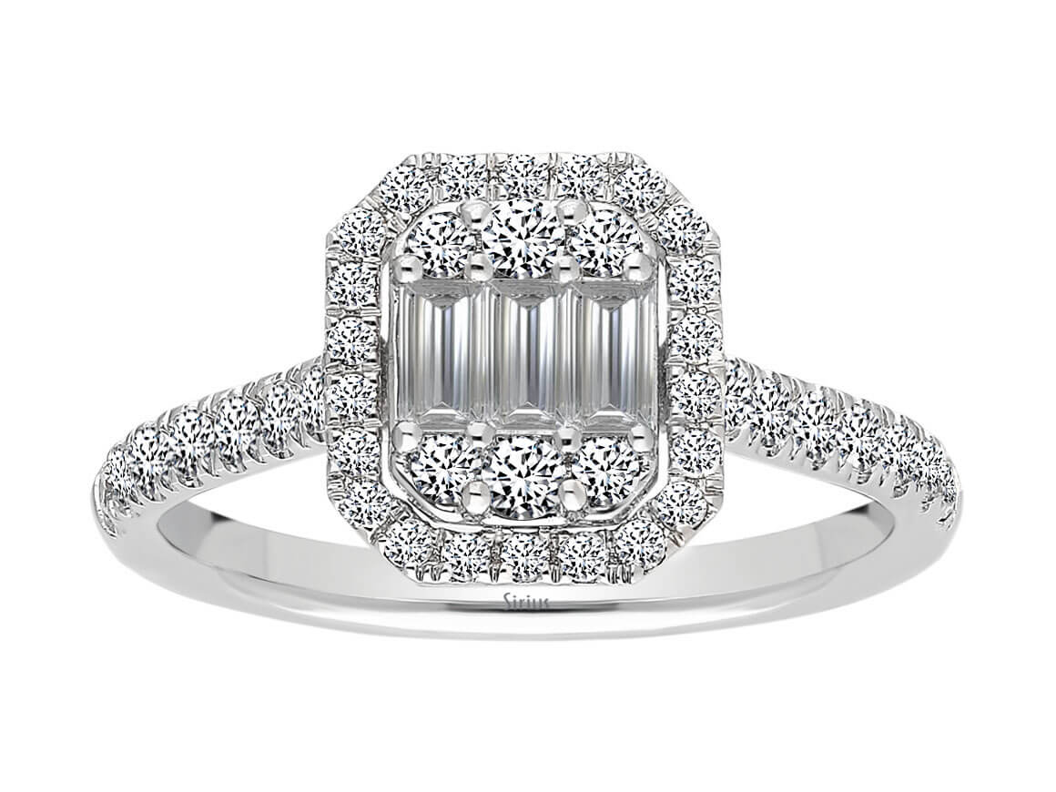 Bague somptueuse ornée de diamants de laboratoire taille baguette et Taille Brillant Rond | Or Blanc 14 carats - Bijoux haut de gamme de Rosy Lab Diamonds