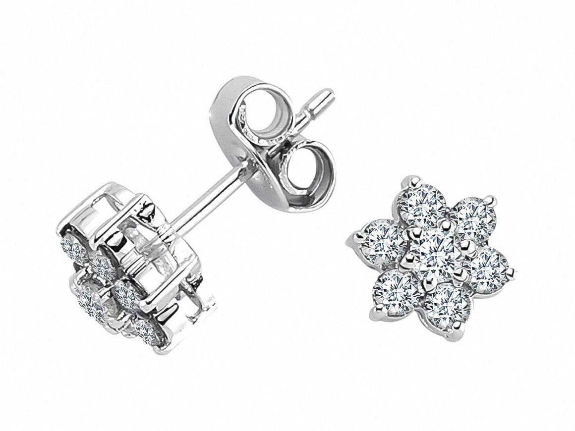Boucles d'oreilles en diamant en forme de fleur avec 14 brillants en or blanc 333