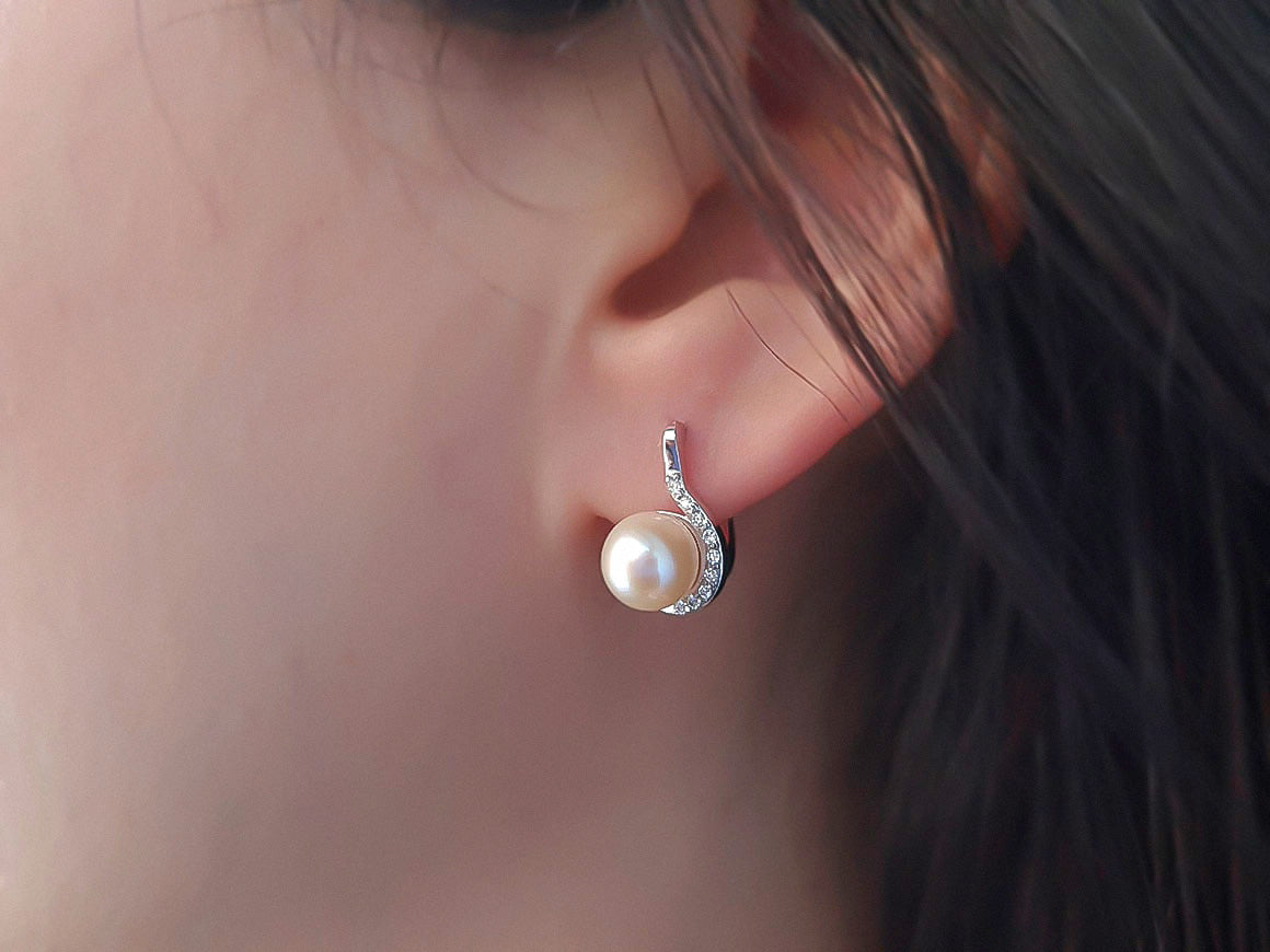 Pearl earrings with diamonds - 6.40 mm - 14K White Gold - high-quality Jewelry by Rosy Lab Diamonds