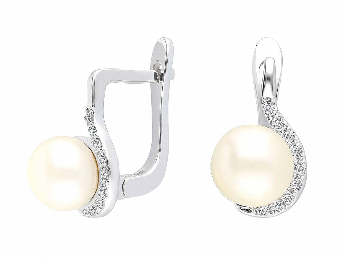Pearl earrings with diamonds - 6.40 mm - 14K White Gold - high-quality Jewelry by Rosy Lab Diamonds