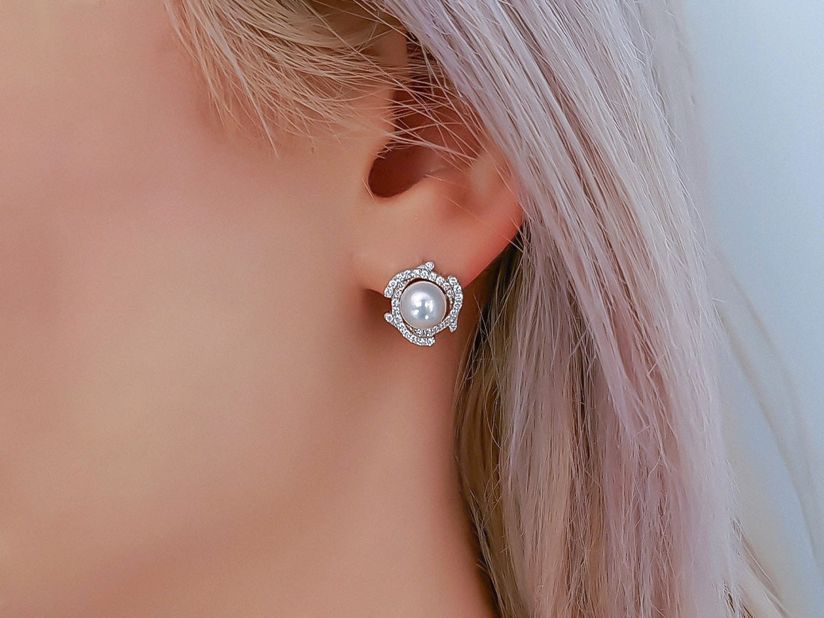 Boucles d'oreilles en diamant avec perles – 5,80 mm – Or blanc 14 carats