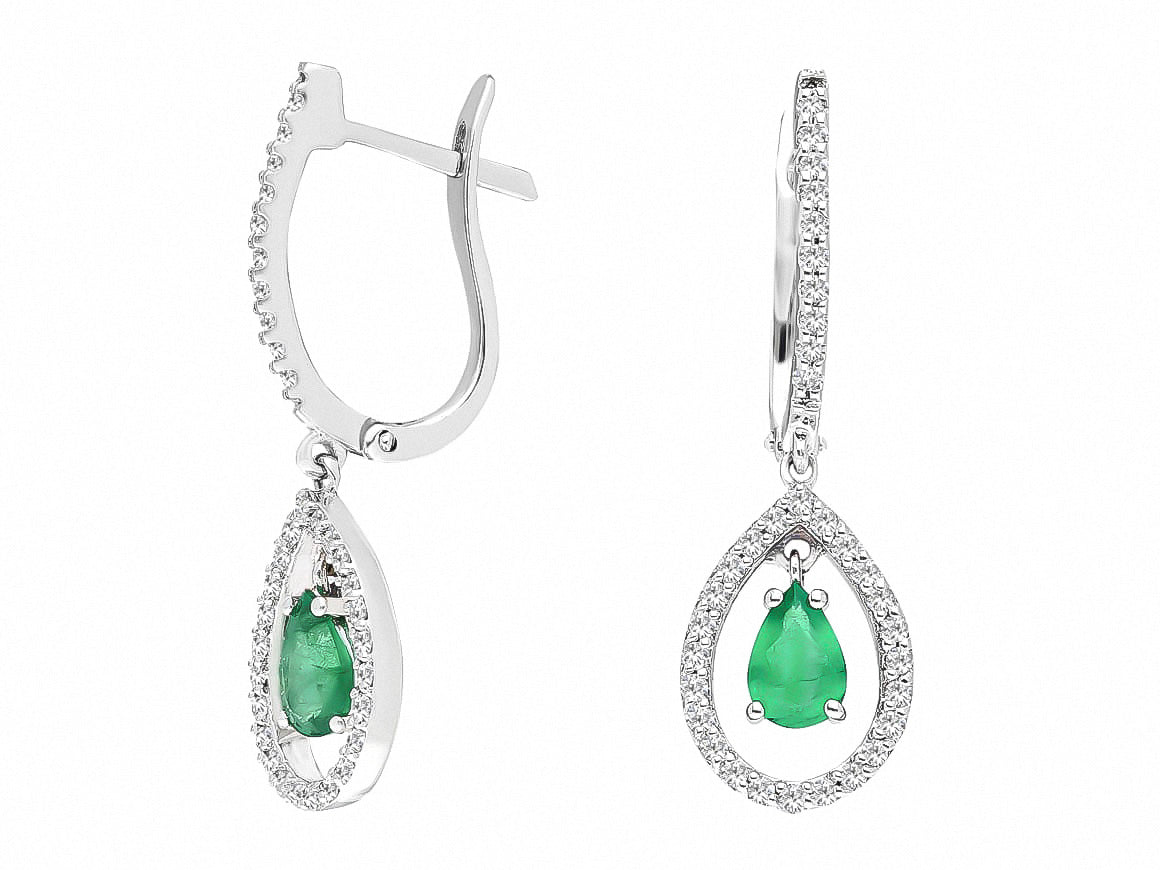 Earrings with Teardrop-Shaped Emerald & Diamonds – 0.82 ct + 0.43 ct – 14K White Gold