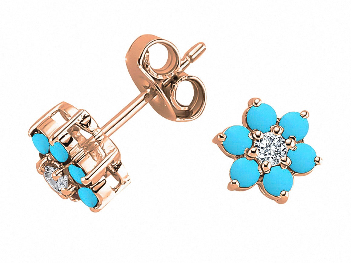 Boucles d'oreilles en forme de fleur avec diamants et turquoise en or rose 333‰