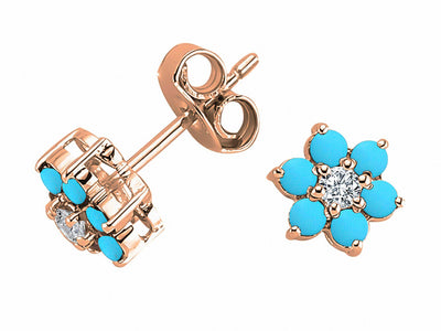 Boucles d'oreilles en forme de fleur avec diamants et turquoise en or rose 333‰