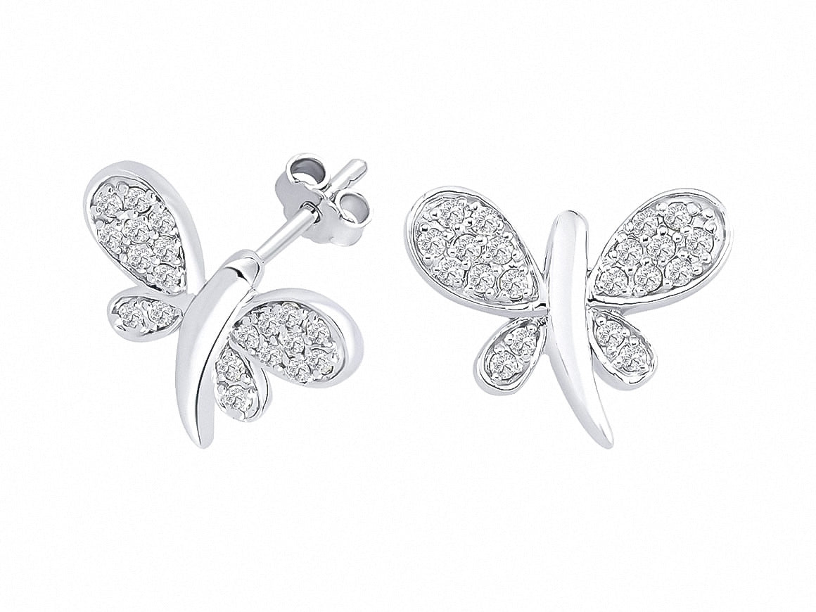 Boucles d'oreilles libellules brillantes avec diamants en or blanc 14K