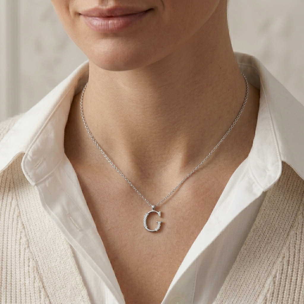 Anhänger G mit 8 Diamanten - 9K Weissgold - hochwertiger Schmuck von Rosy Lab Diamonds