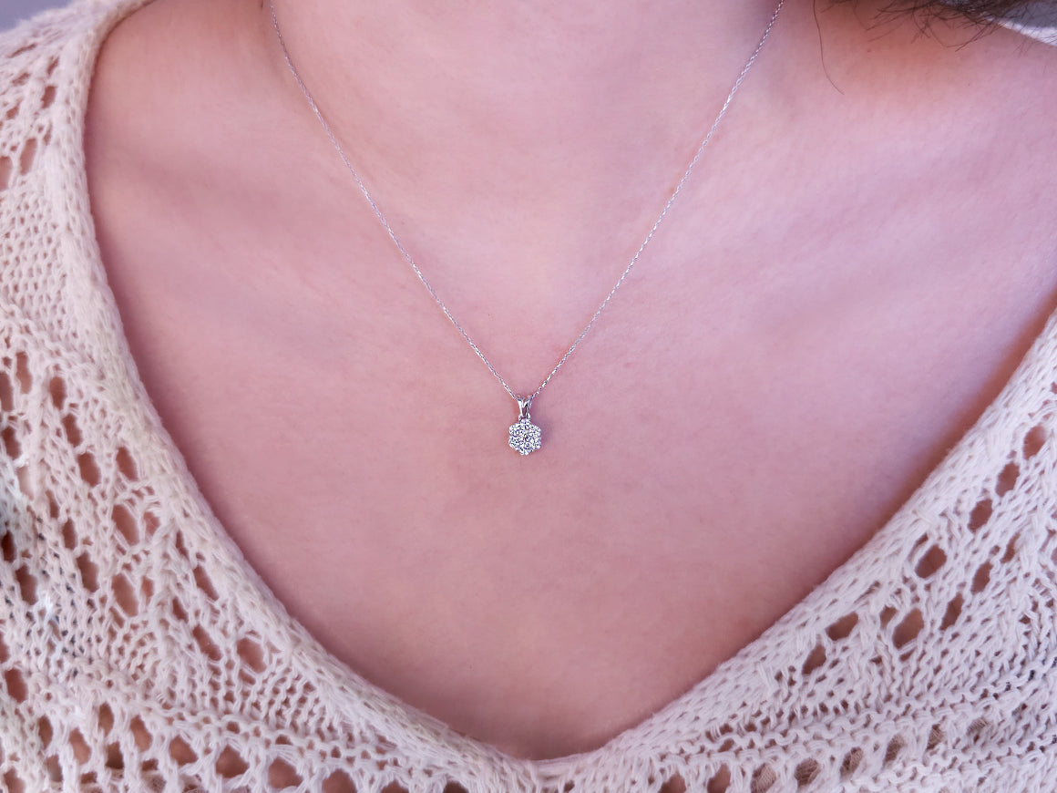 7 yuvarlak laboratuvarda yetiştirilmiş pırlantalı kolye - 8K Beyaz Altın'da küme tasarımı - Rosy Lab Diamonds'tan kaliteli Mücevher