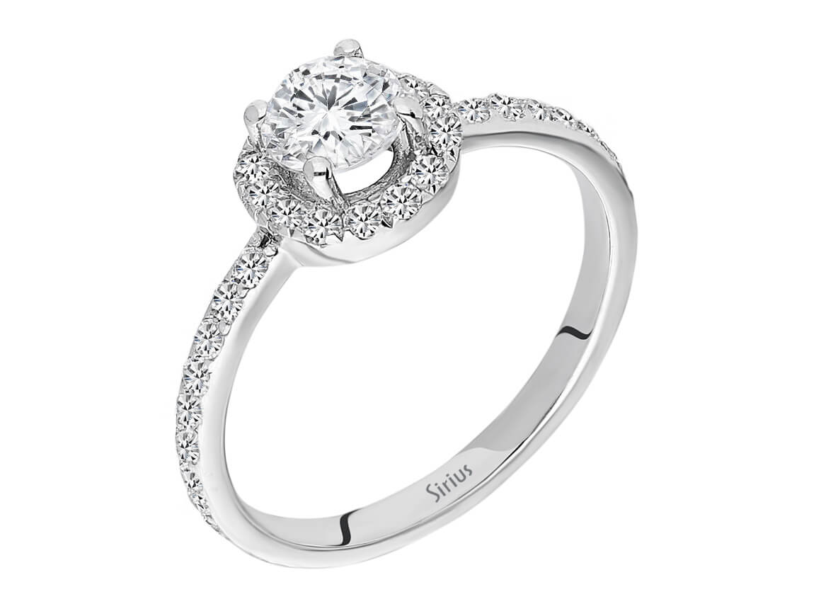 14K White Gold ring with 1 round diamond (0.64 carat) and 40 round diamonds - high-quality Jewelry from Rosy Lab Diamonds