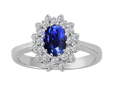 Eleganter Ring mit ovalem Saphir und 24 laborgezüchteten Runddiamanten in 14 Karat Weißgold